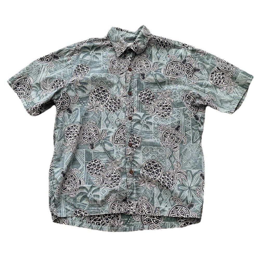 Two Palms Aqua Green Blue Large Hawaiian Button Shirt Sea Turtles Short Sleeve